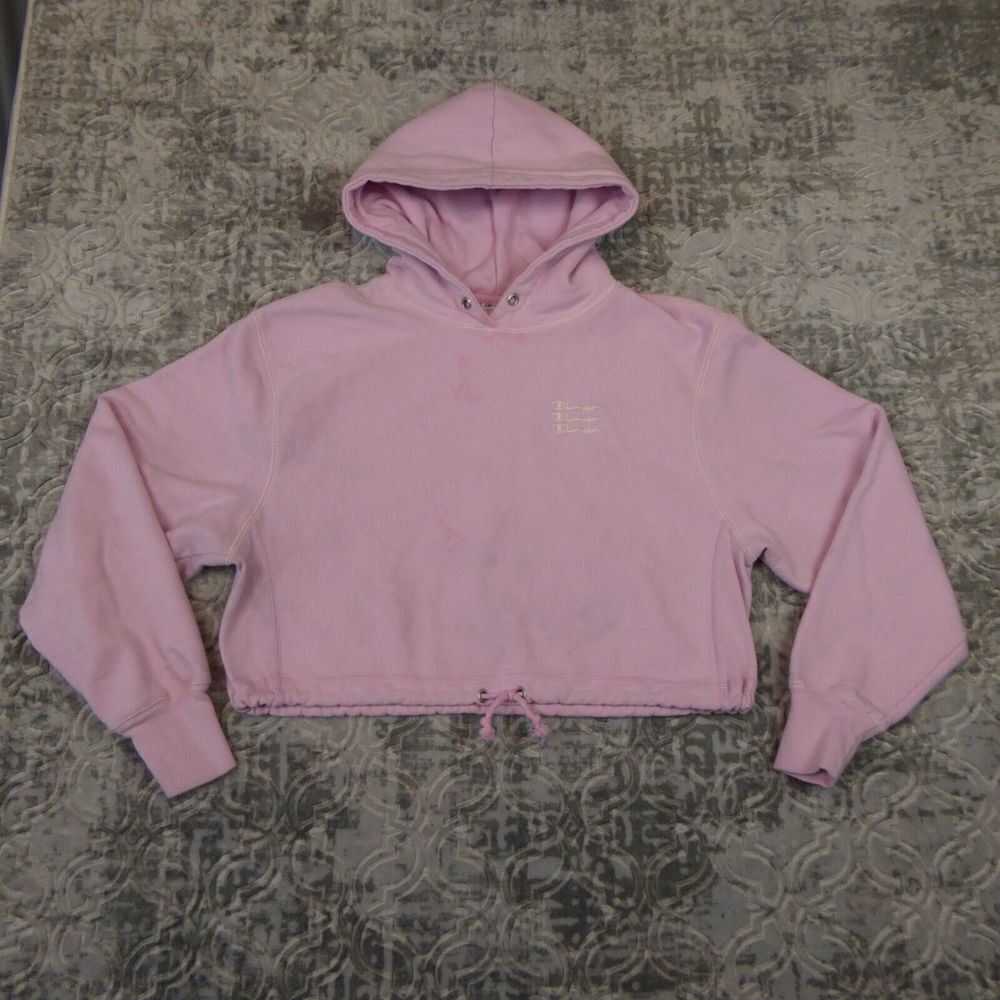 Champion Hoodie Womens Medium Pink Pullover Long Sleeve Cropped  Reverse Weave